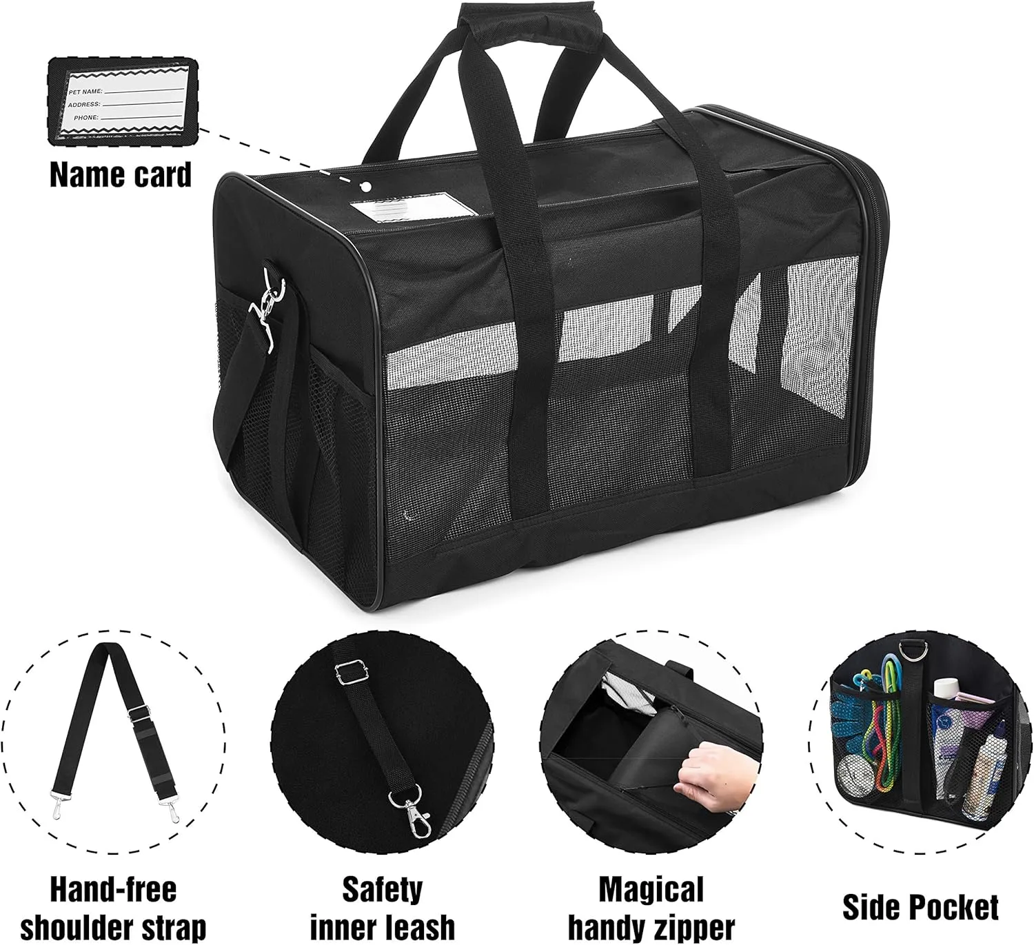 Pet Travel Carrier Soft Sided Portable Bag for Cats, Small Dogs, Kittens or Puppies 17 lbs Max, Collapsible, Durable, Airline Approved, Travel Friendly (Medium)