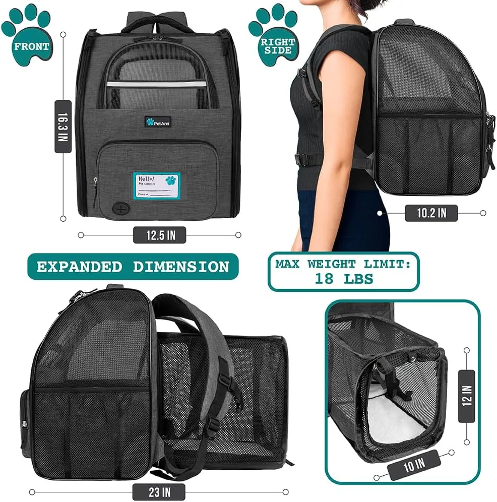 PetAmi Dog Cat Backpack Carrier, Expandable Pet Carrier Backpack for Travel Hiking, Small Medium Dog Puppy Large Cat Carrying Backpack, Airline Approved Ventilated Soft Back Support, 18 lbs, Dark Gray