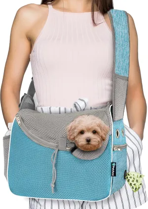 PetAmi Small Dog Sling Carrier, Soft-Sided Crossbody Puppy Carrying Purse Bag, Adjustable Sling Pet Pouch to Wear Medium Dog Cat Travel, Dog Bag for Traveling, Breathable, Poop Bag Dispenser, Blue