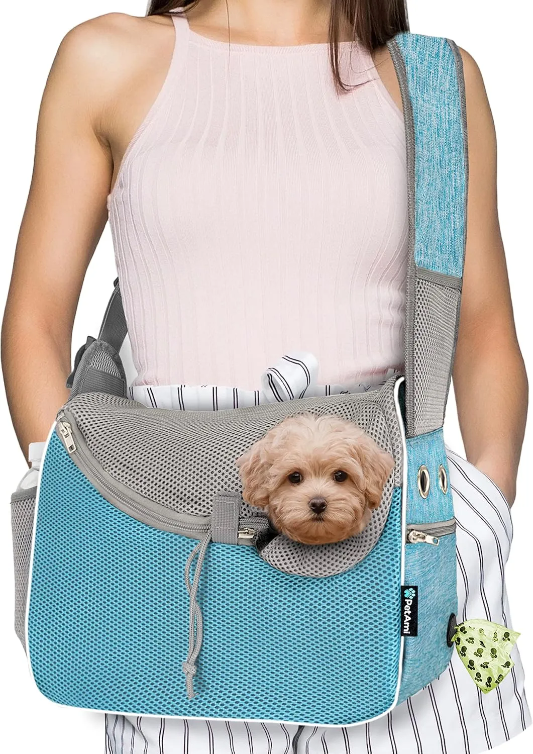 PetAmi Small Dog Sling Carrier, Soft-Sided Crossbody Puppy Carrying Purse Bag, Adjustable Sling Pet Pouch to Wear Medium Dog Cat Travel, Dog Bag for Traveling, Breathable, Poop Bag Dispenser, Blue