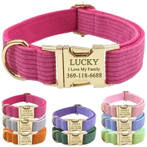 PETDURO Personalized Handmade Dog Collars Stripe Velvet Custom with Name Engraved Gold Metal Buckle for Boy & Girl Dogs - Matching Leash Bow Tie Harness Poop Bag Holder Available (S, Hot Pink)