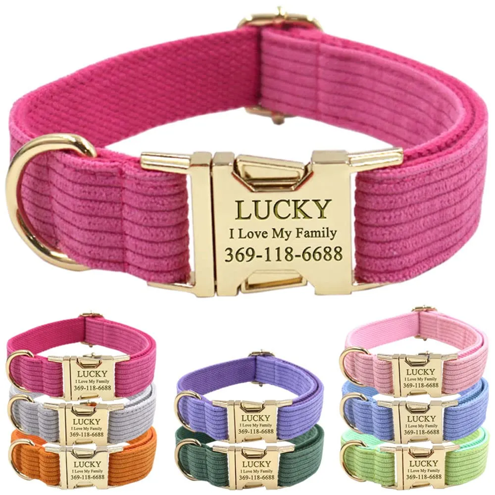 PETDURO Personalized Handmade Dog Collars Stripe Velvet Custom with Name Engraved Gold Metal Buckle for Boy & Girl Dogs - Matching Leash Bow Tie Harness Poop Bag Holder Available (S, Hot Pink)