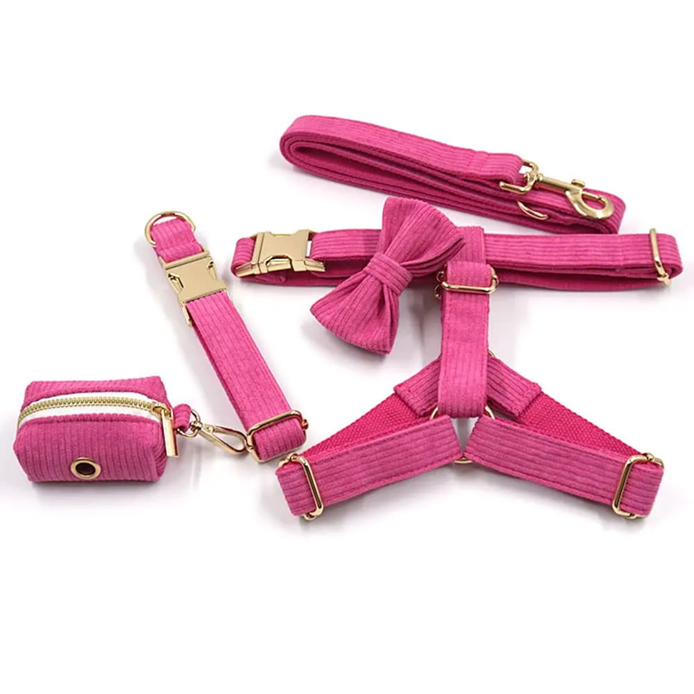 PETDURO Personalized Handmade Dog Collars Stripe Velvet Custom with Name Engraved Gold Metal Buckle for Boy & Girl Dogs - Matching Leash Bow Tie Harness Poop Bag Holder Available (S, Hot Pink)