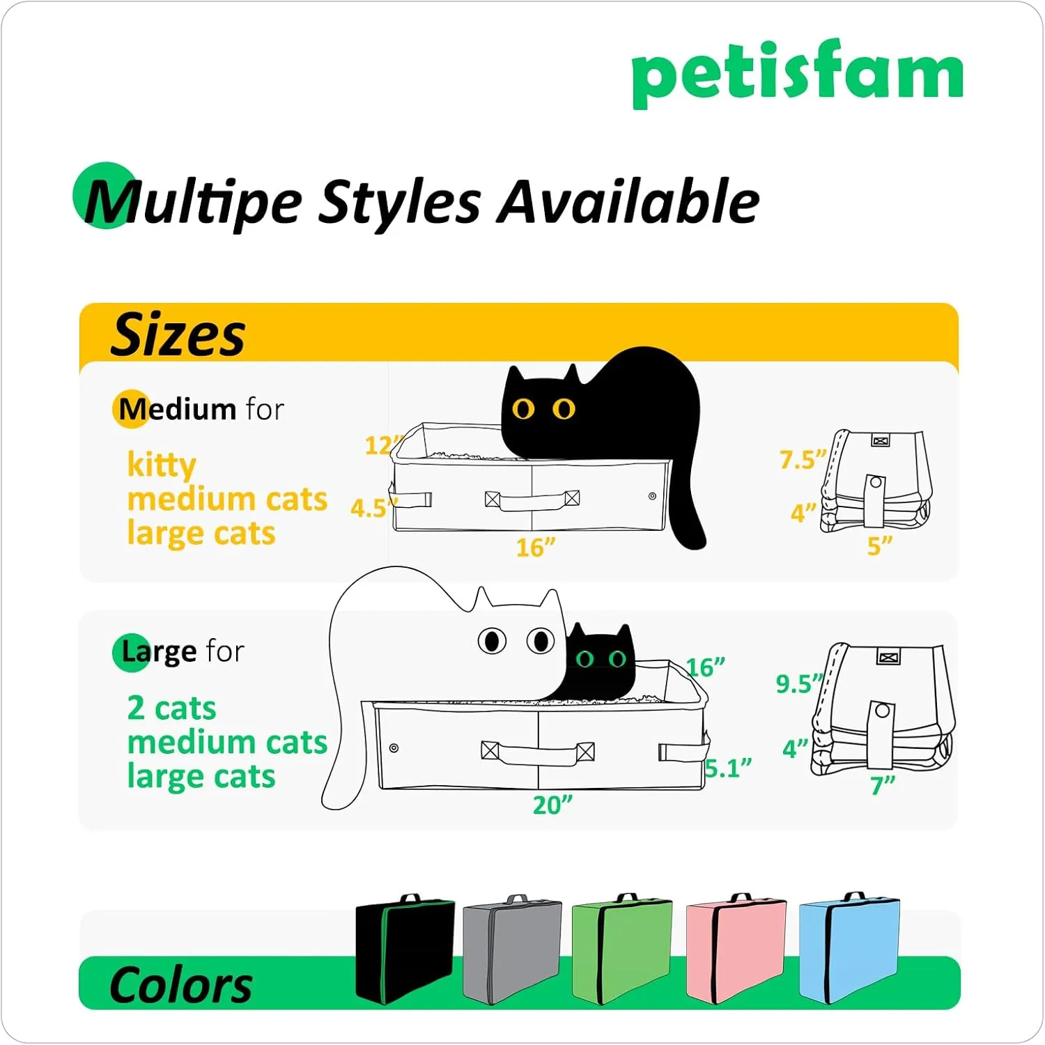 petisfam Portable Travel Litter Box for Easy Drive with Kitty, Large or Multiple Cats. Lightweight for Easy Carry, Sturdy, Leak-Proof, Collapsible