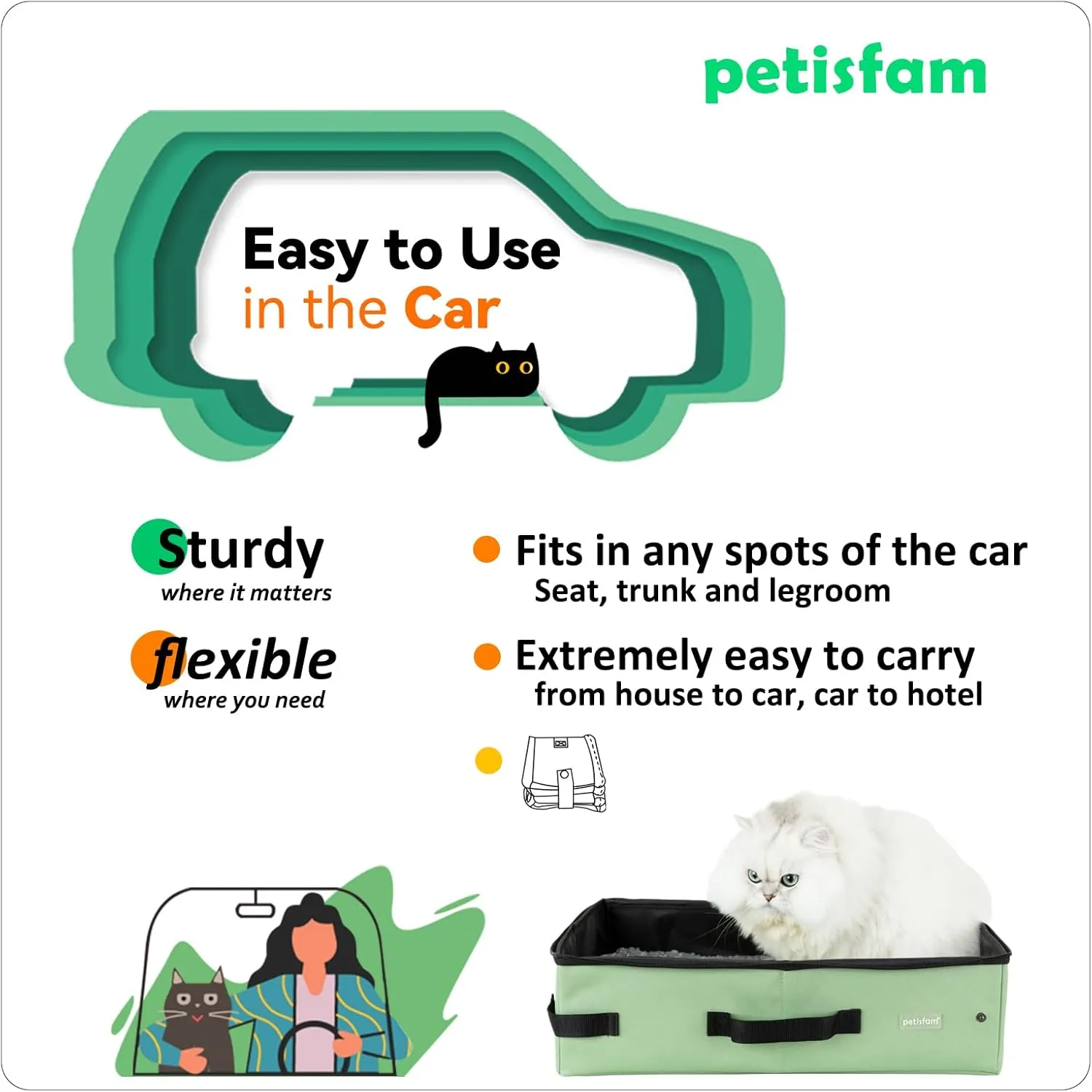 petisfam Portable Travel Litter Box for Easy Drive with Kitty, Large or Multiple Cats. Lightweight for Easy Carry, Sturdy, Leak-Proof, Collapsible