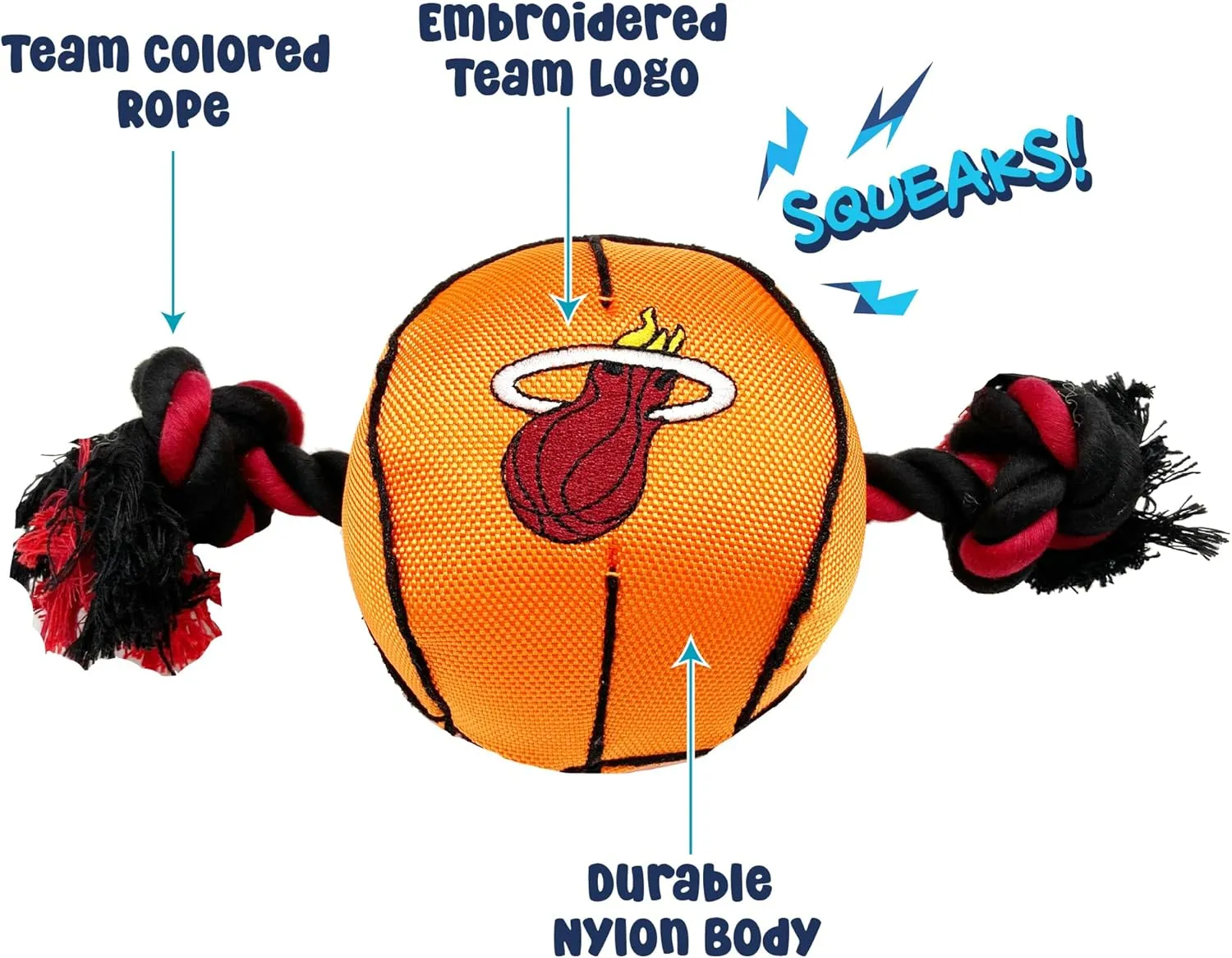 Pets First NBA Miami Heat Basketball Toy. - Tough Nylon Pet Toy with Tug Ropes & Inner Squeaker, one Size