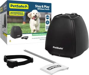 PetSafe Stay & Play Wireless Pet Fence with Replaceable Battery Collar - Circular Boundary Secures up to 3/4 Acre, No-Dig Portable Electric Fence, for Dogs 5 lb & Up, from Parent INVISIBLE FENCE BRAND