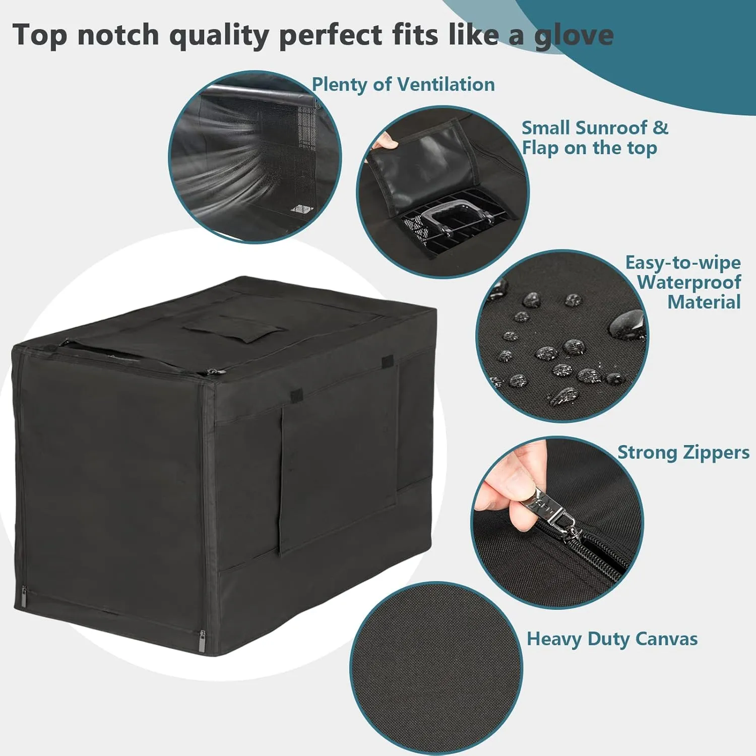 PETSFIT Dog Crate Cover,42 Inch Cover for Wire Dog Kennel, Single Door, Mesh Window, Flap On The Top and Back is Detachable，Black