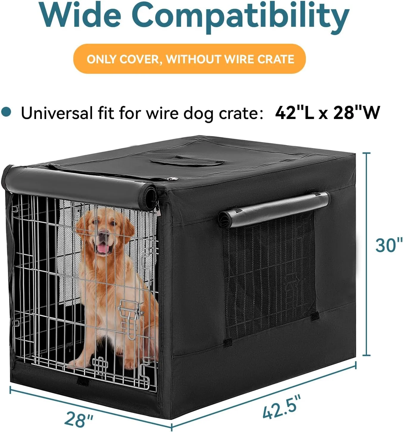 PETSFIT Dog Crate Cover,42 Inch Cover for Wire Dog Kennel, Single Door, Mesh Window, Flap On The Top and Back is Detachable，Black