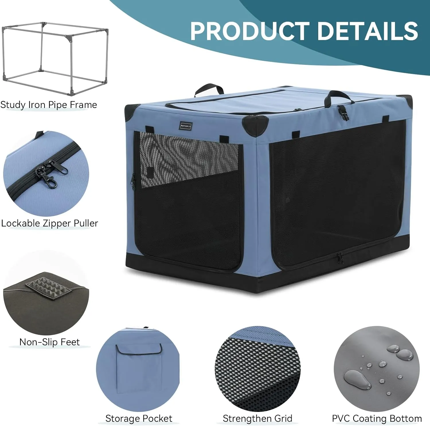 PETSFIT Dog Travel Crate, with Patented Adjustable Fabric Cover, Chewproof & Lockable Mesh Doors, Waterproof Base Soft Sided Kennel Blue 26 Inch