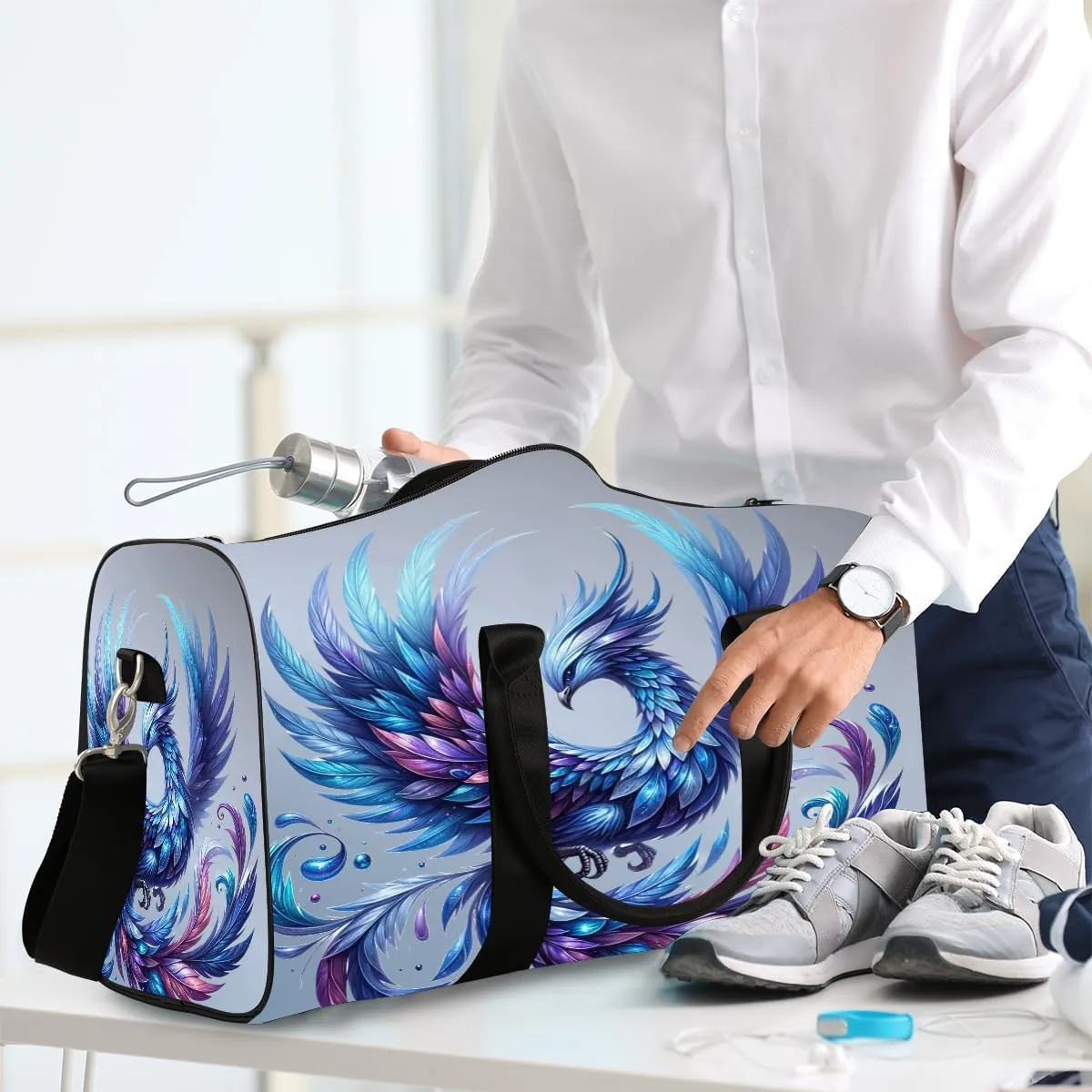 Phoenix Blue Animal Travel Duffle Bag Sports Gym Bags for Women Men Weekender Overnight Bags Waterproof Carry On Tote Bag Workout Bag for Dance Swimming Yoga Hospital