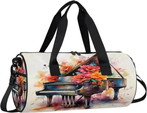 Piano Flowers Travel Gym Bag Waterproof Sport Dance Bag for Women Men Portable Gymnastics Duffel Bags Canvas Tote Carry on Handbag for Workout Overnight Weekender