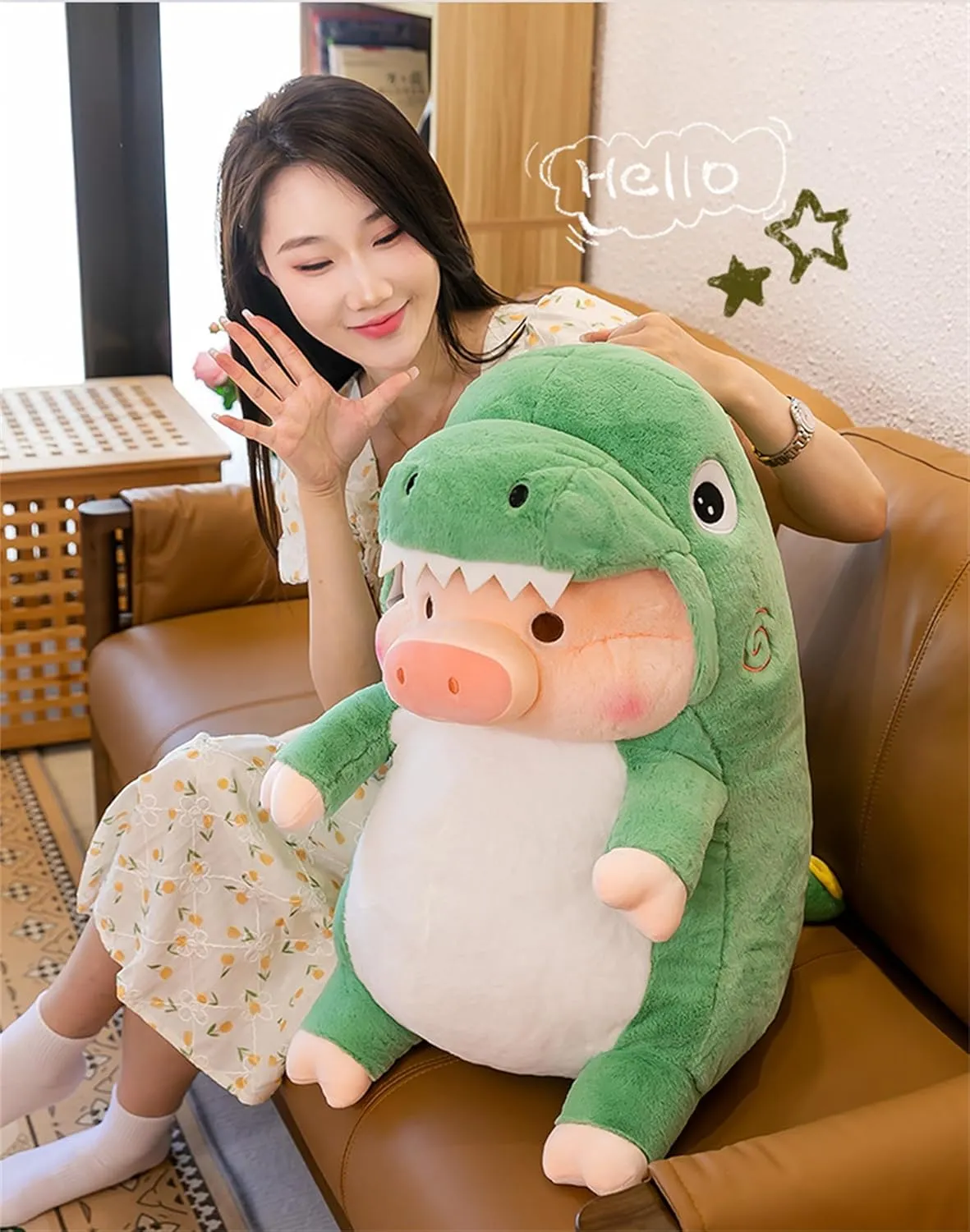 Pig Plush Stuffed Toy Pig Dressed as Shark Dinosaur Cute Plush Pillow for Boys Girls (Green, 19.6 in)