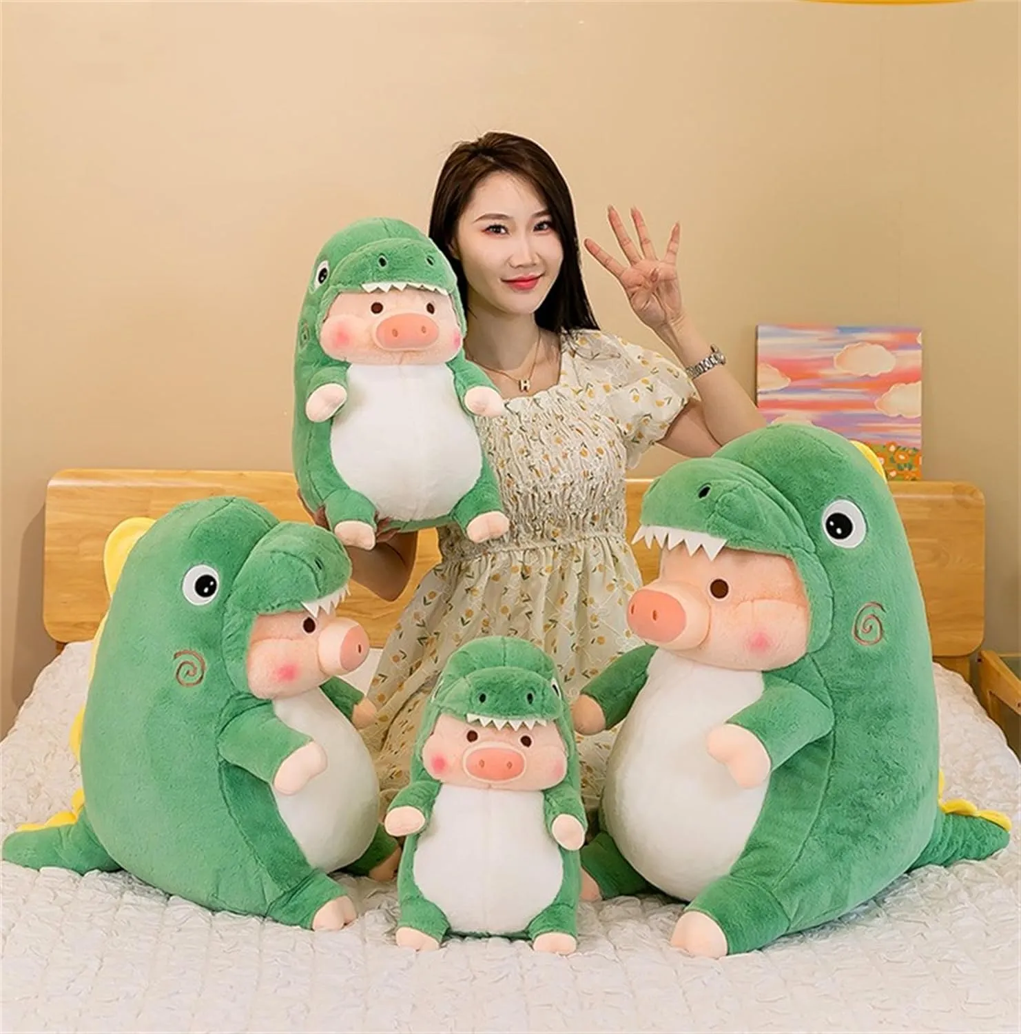 Pig Plush Stuffed Toy Pig Dressed as Shark Dinosaur Cute Plush Pillow for Boys Girls (Green, 19.6 in)