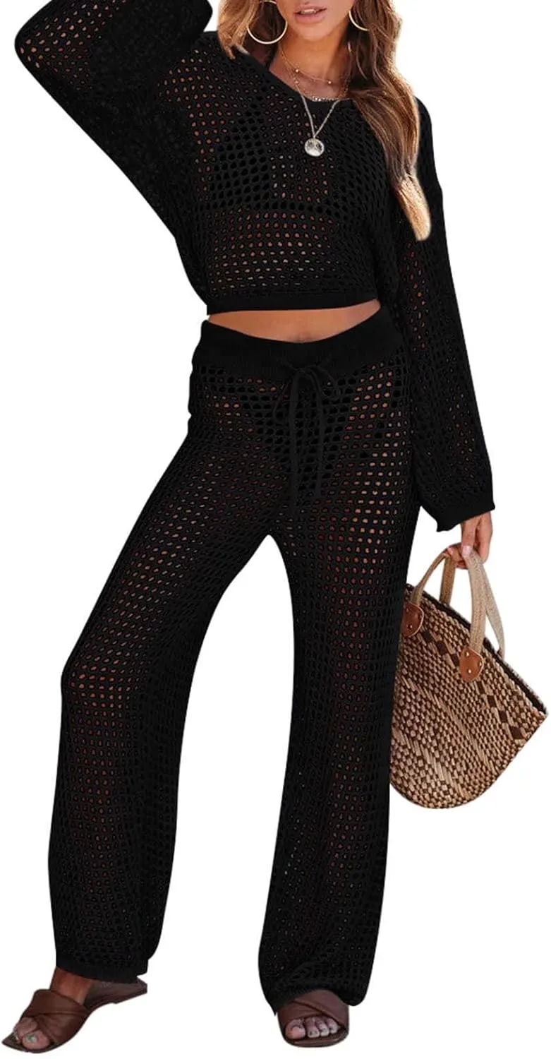 Pink Queen Women's Swimsuit Cover Up Set 2 Piece Crochet Long Sleeve Crop Top Wide Leg Pants Beach Coverups Outfits