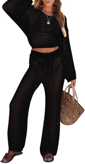 Pink Queen Women's Swimsuit Cover Up Set 2 Piece Crochet Long Sleeve Crop Top Wide Leg Pants Beach Coverups Outfits