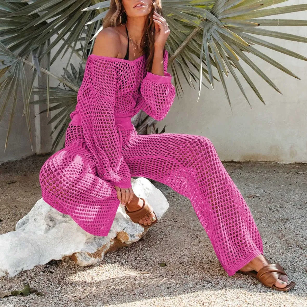 Pink Queen Women's Swimsuit Cover Up Set 2 Piece Crochet Long Sleeve Crop Top Wide Leg Pants Beach Coverups Outfits