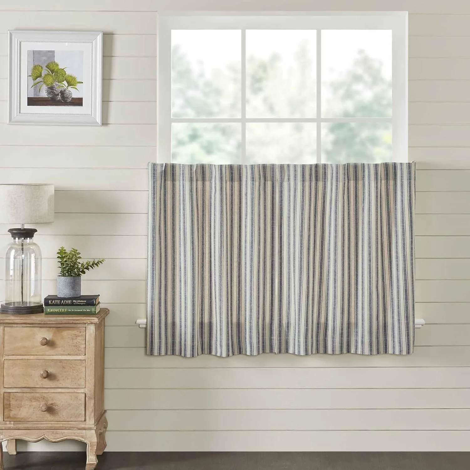 Piper Classics Market Place Blue Ticking Stripe 36" Curtain Tiers, Set 2