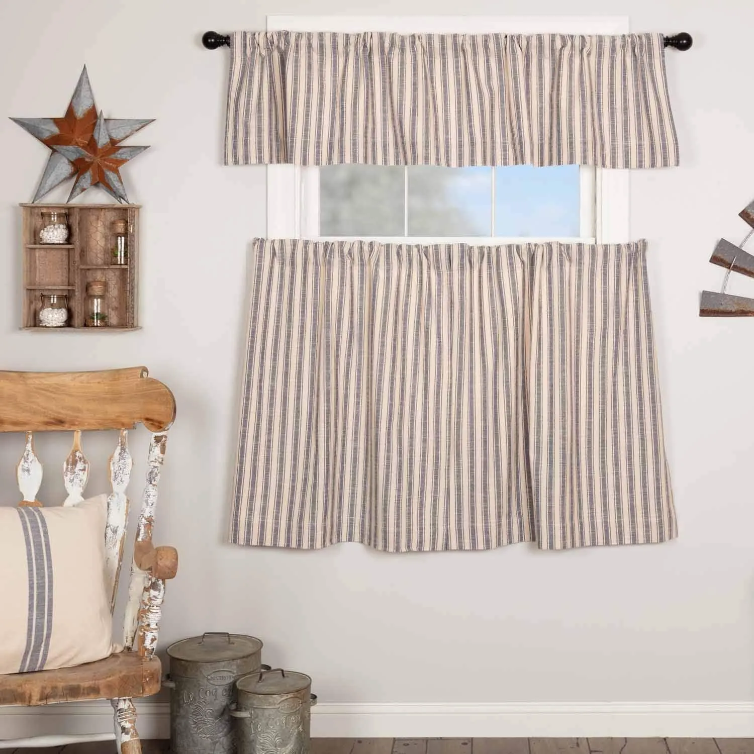 Piper Classics Market Place Blue Ticking Stripe 36" Curtain Tiers, Set 2