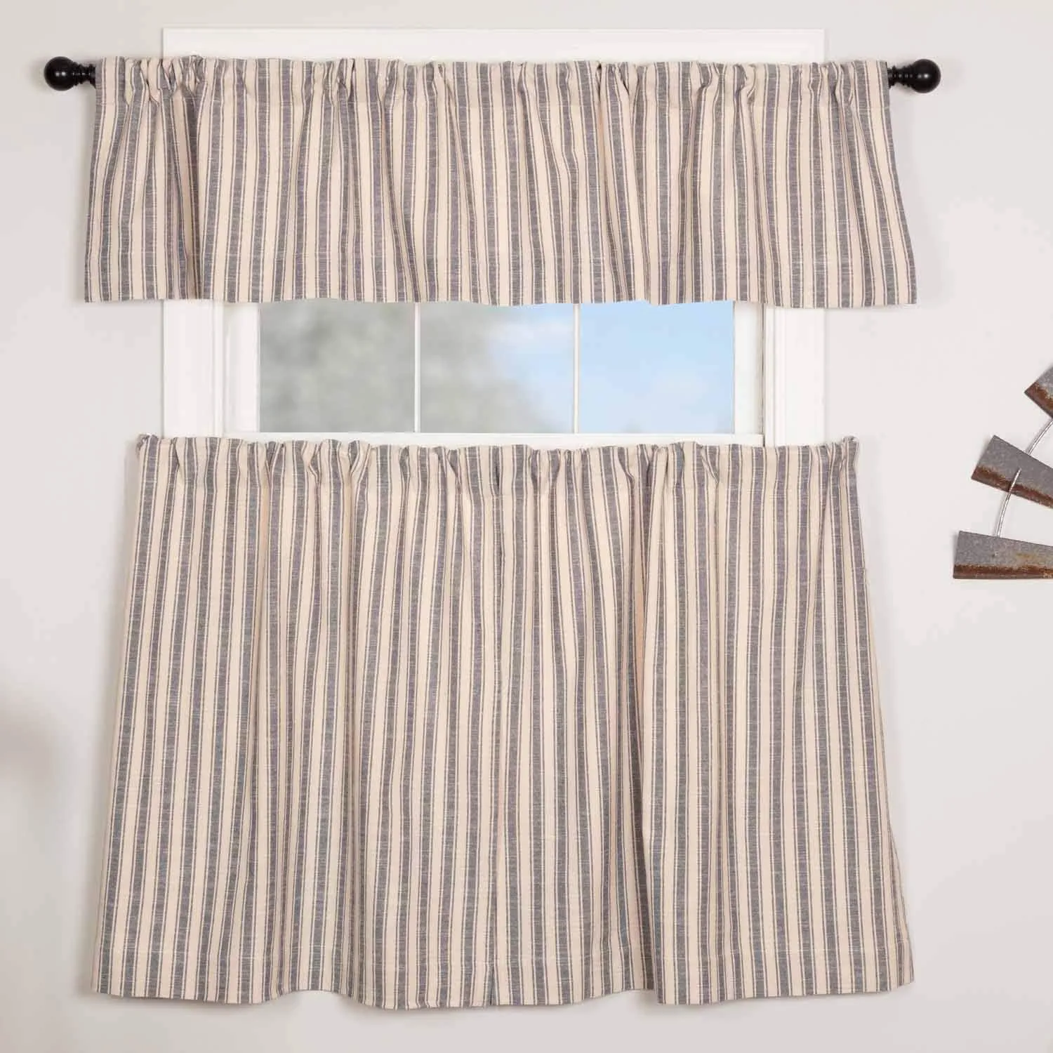 Piper Classics Market Place Blue Ticking Stripe 36" Curtain Tiers, Set 2