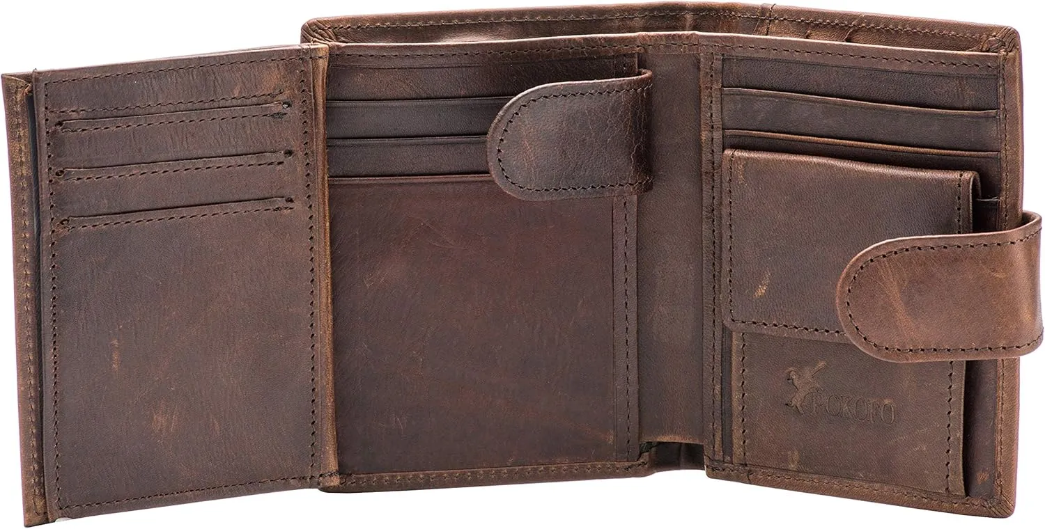 POKOFO Large RFID Genuine Leather Card Holder Trifold Wallet Snap Closure 3 ID Windows for men