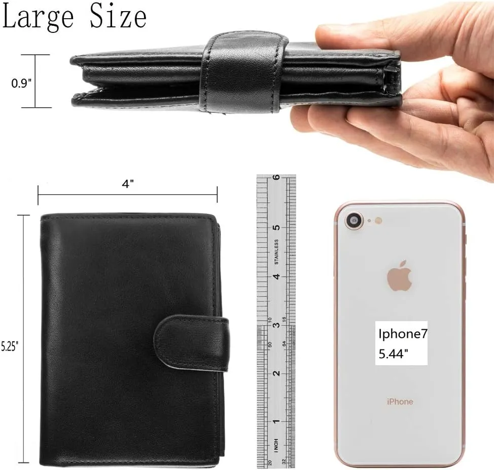 POKOFO Large RFID Genuine Leather Card Holder Trifold Wallet Snap Closure 3 ID Windows for men