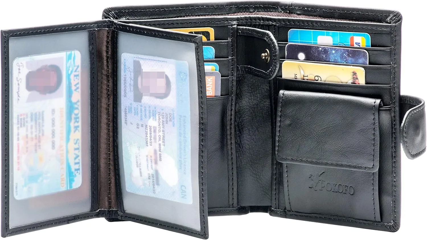 POKOFO Large RFID Genuine Leather Card Holder Trifold Wallet Snap Closure 3 ID Windows for men