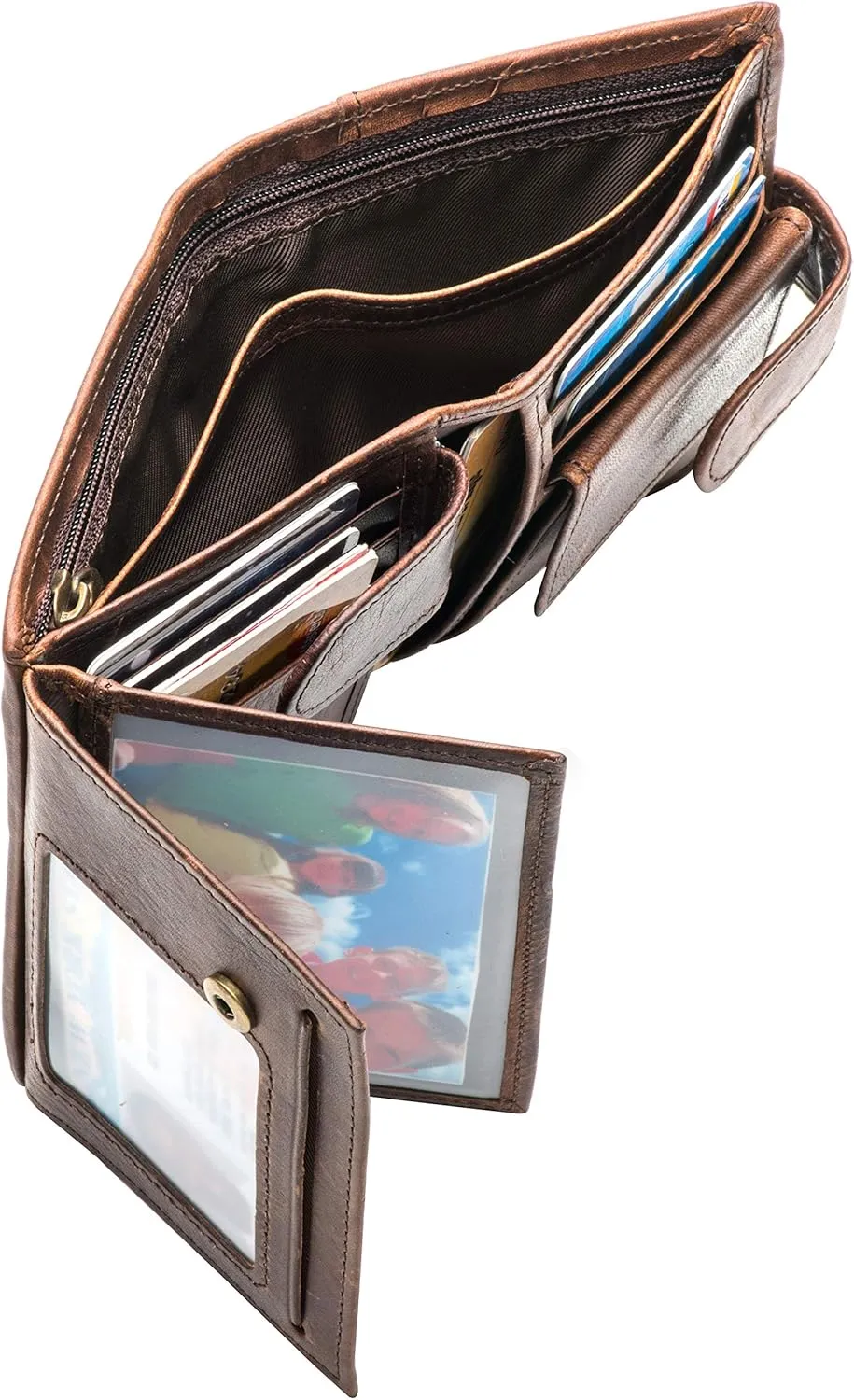 POKOFO Large RFID Genuine Leather Card Holder Trifold Wallet Snap Closure 3 ID Windows for men