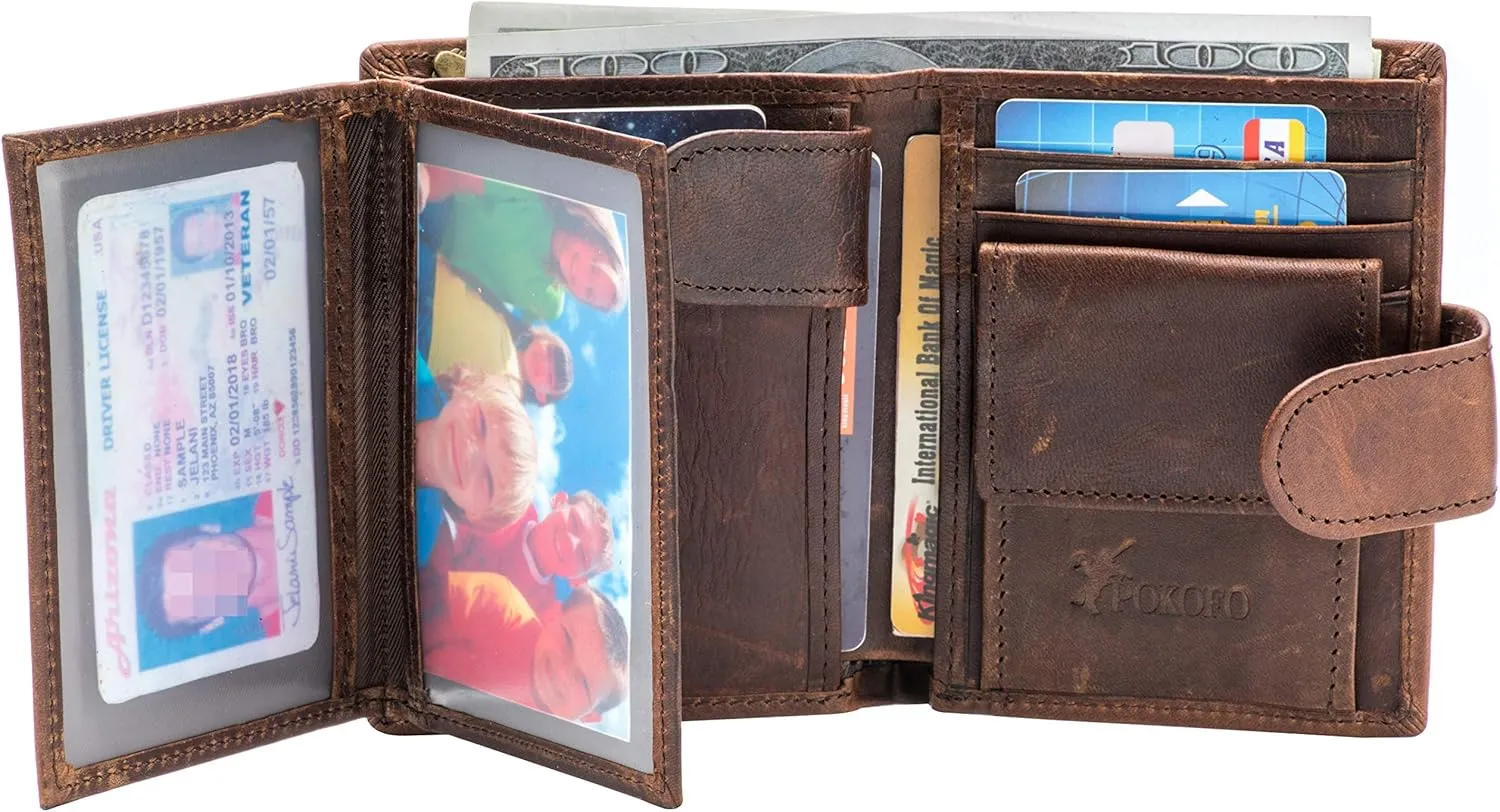 POKOFO Large RFID Genuine Leather Card Holder Trifold Wallet Snap Closure 3 ID Windows for men