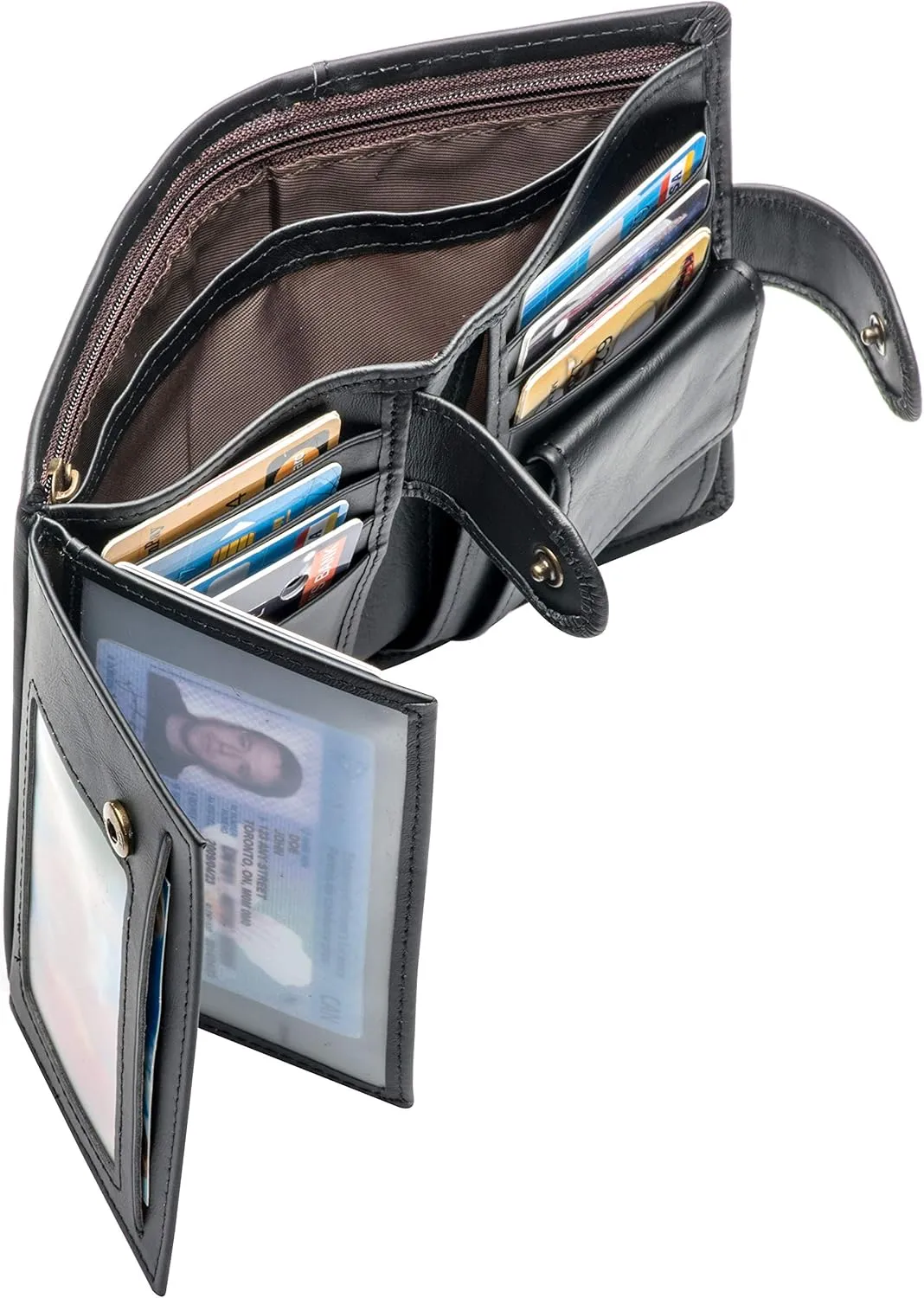 POKOFO Large RFID Genuine Leather Card Holder Trifold Wallet Snap Closure 3 ID Windows for men