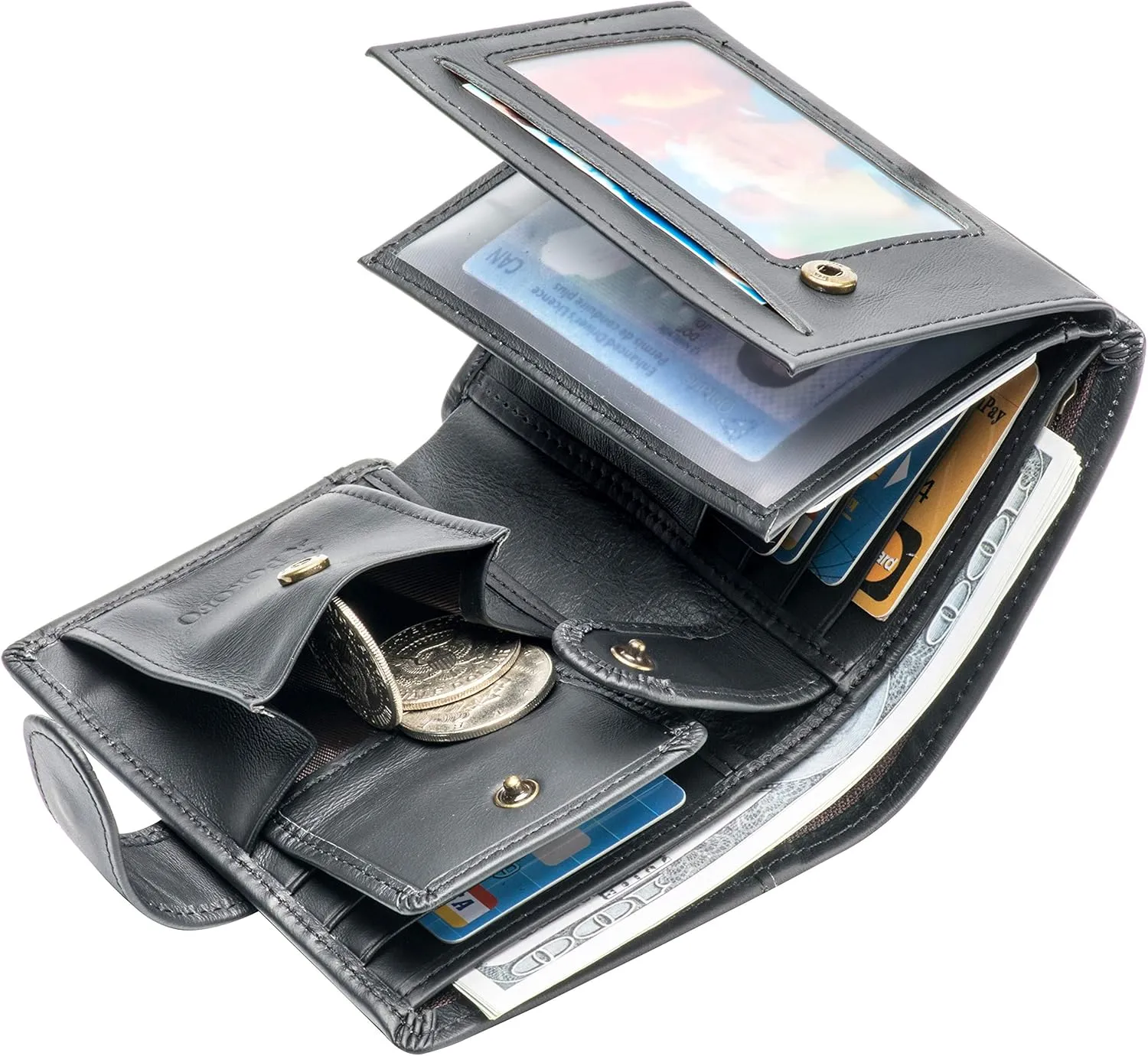 POKOFO Large RFID Genuine Leather Card Holder Trifold Wallet Snap Closure 3 ID Windows for men