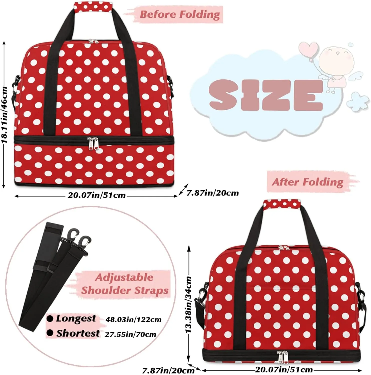 Polka Dot Sports Gym Bag, Red and White Polka Dot Travel Duffel Bag with Shoes Compartment Large Gym Tote Bag Weekend Overnight Bag for Women Men