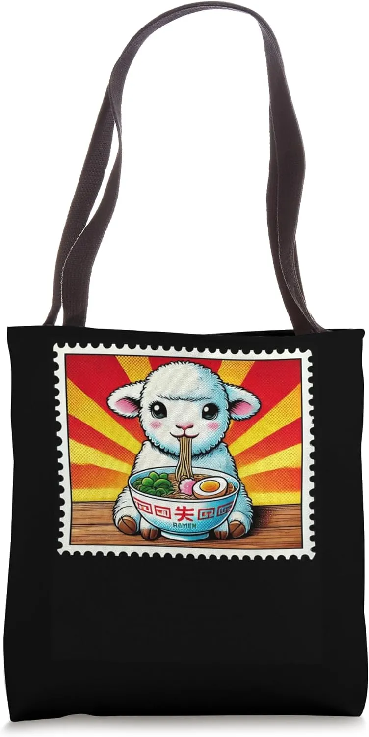 Pop Japanese Art Postage Stamp Cute Lamb Sheep Ramen Tote Bag