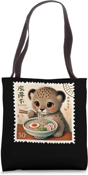 Pop Japanese Art Postage Stamp Noodles Cheetah Ramen Tote Bag
