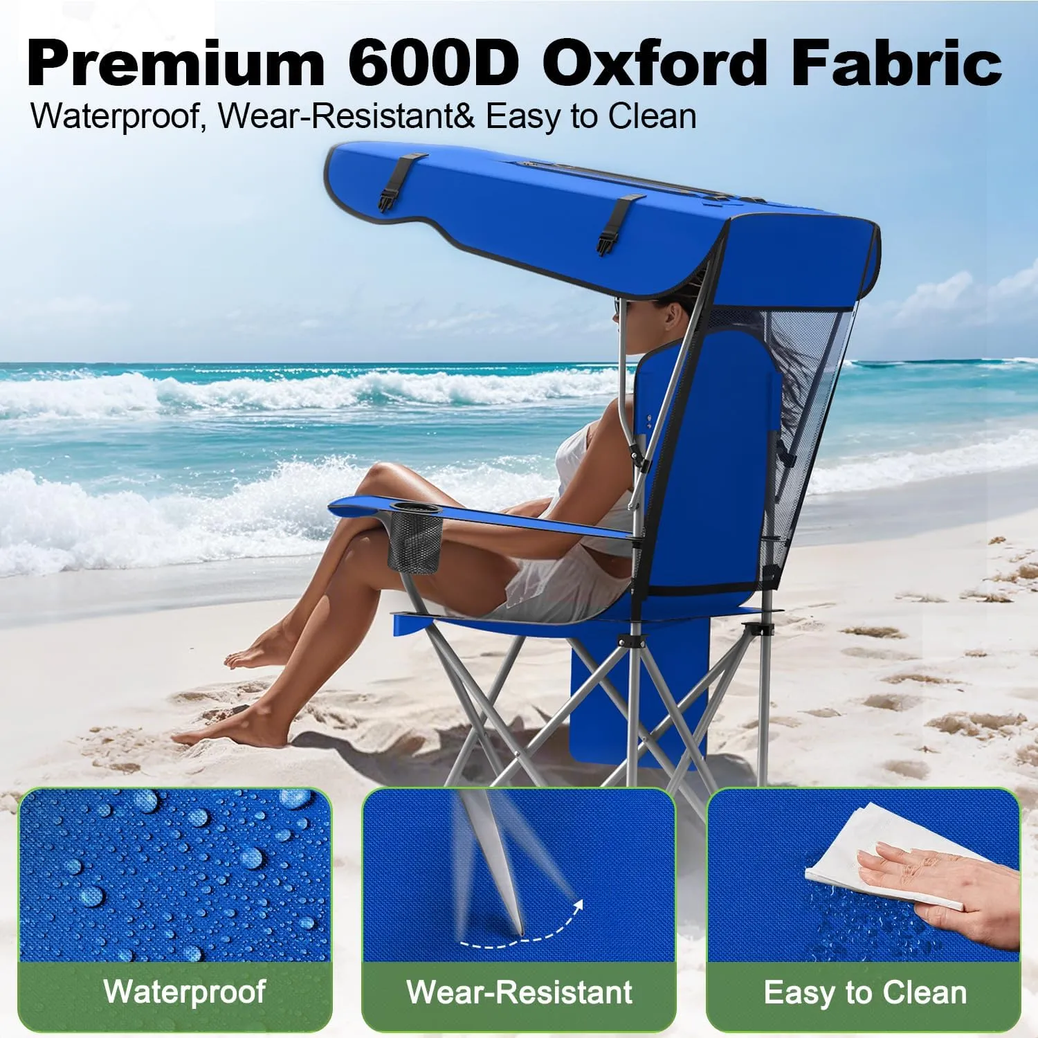Portable Camping Chair with Canopy - Folding Chair with Canopy, Durable 600D Oxford Canopy Chair for Camping, Beach, Picnics, Fishing & Sports