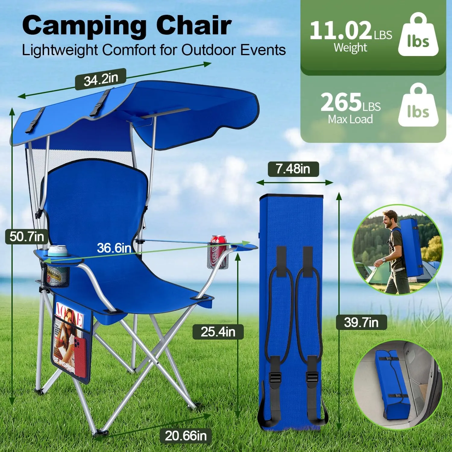 Portable Camping Chair with Canopy - Folding Chair with Canopy, Durable 600D Oxford Canopy Chair for Camping, Beach, Picnics, Fishing & Sports