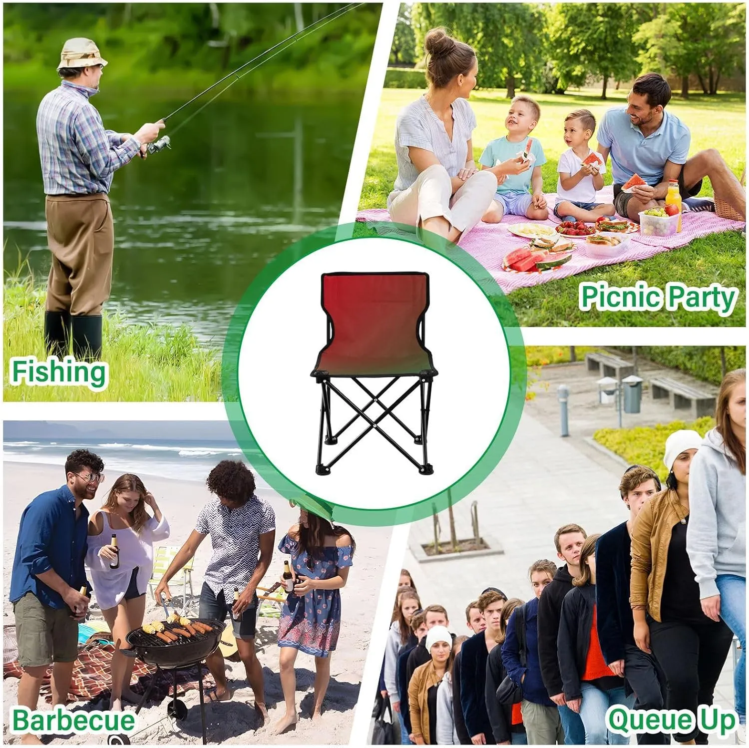 Portable Camping Chairs Red Green Lightweight Folding Chair for Camping, Beach, Picnic, Travel and Sports with Carry Bag 20881