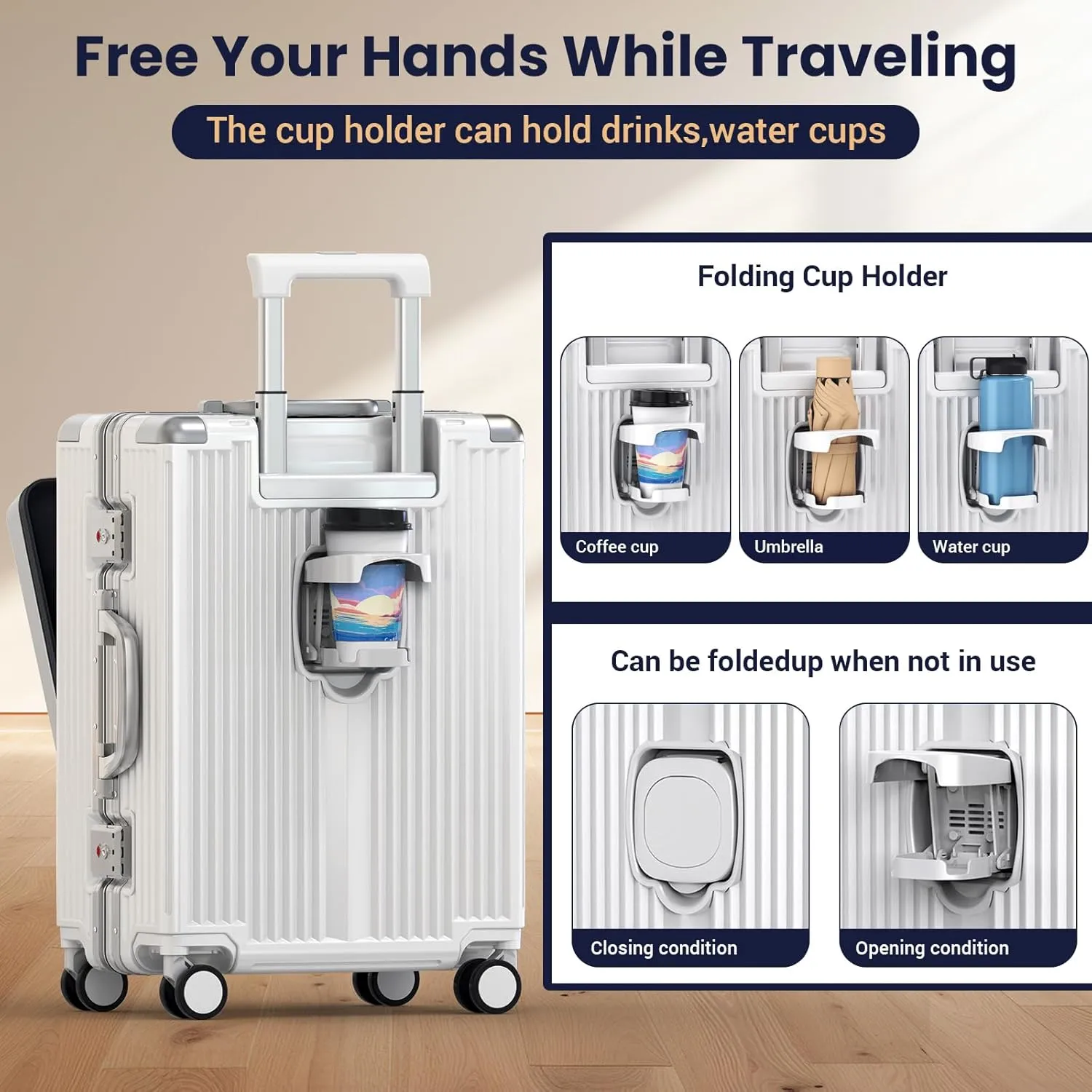 Portable Carry-on Luggage 22 inch with Front Open Door & Cup Holder & Top USB Port, TSA Lock & 360°Spinner Wheels Hard Shell Suitcase. (01-WHITE)