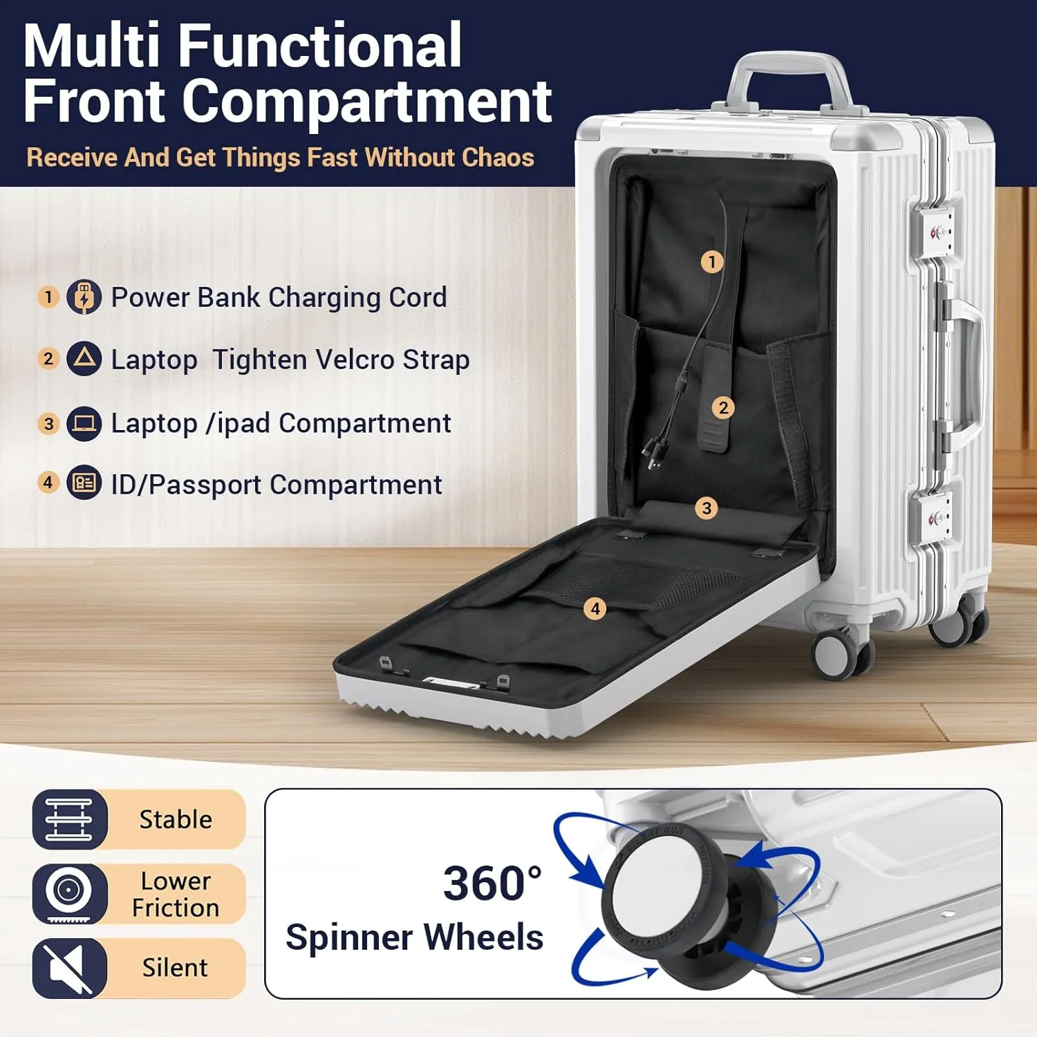 Portable Carry-on Luggage 22 inch with Front Open Door & Cup Holder & Top USB Port, TSA Lock & 360°Spinner Wheels Hard Shell Suitcase. (01-WHITE)