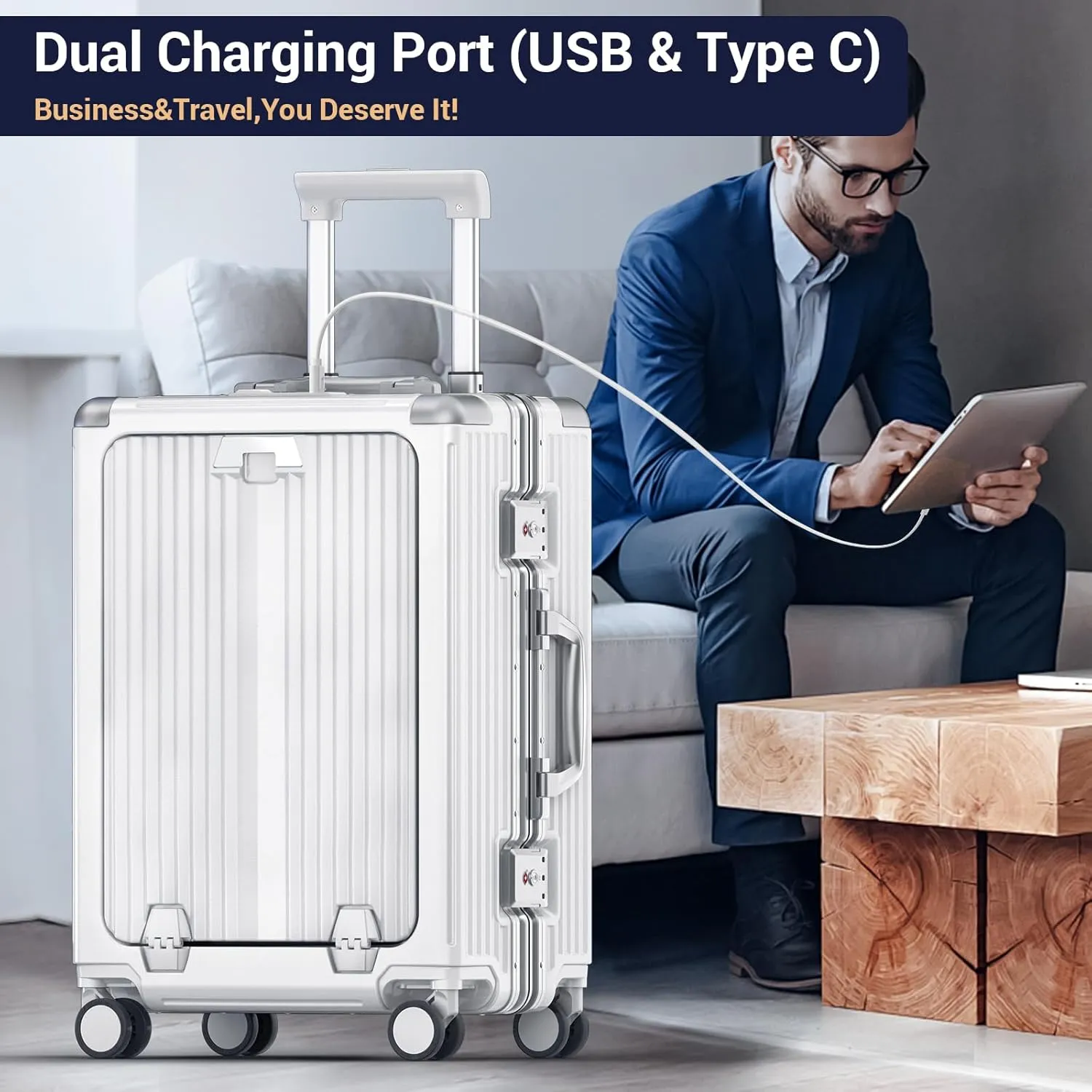 Portable Carry-on Luggage 22 inch with Front Open Door & Cup Holder & Top USB Port, TSA Lock & 360°Spinner Wheels Hard Shell Suitcase. (01-WHITE)