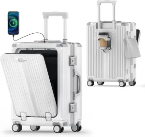 Portable Carry-on Luggage 22 inch with Front Open Door & Cup Holder & Top USB Port, TSA Lock & 360°Spinner Wheels Hard Shell Suitcase. (01-WHITE)