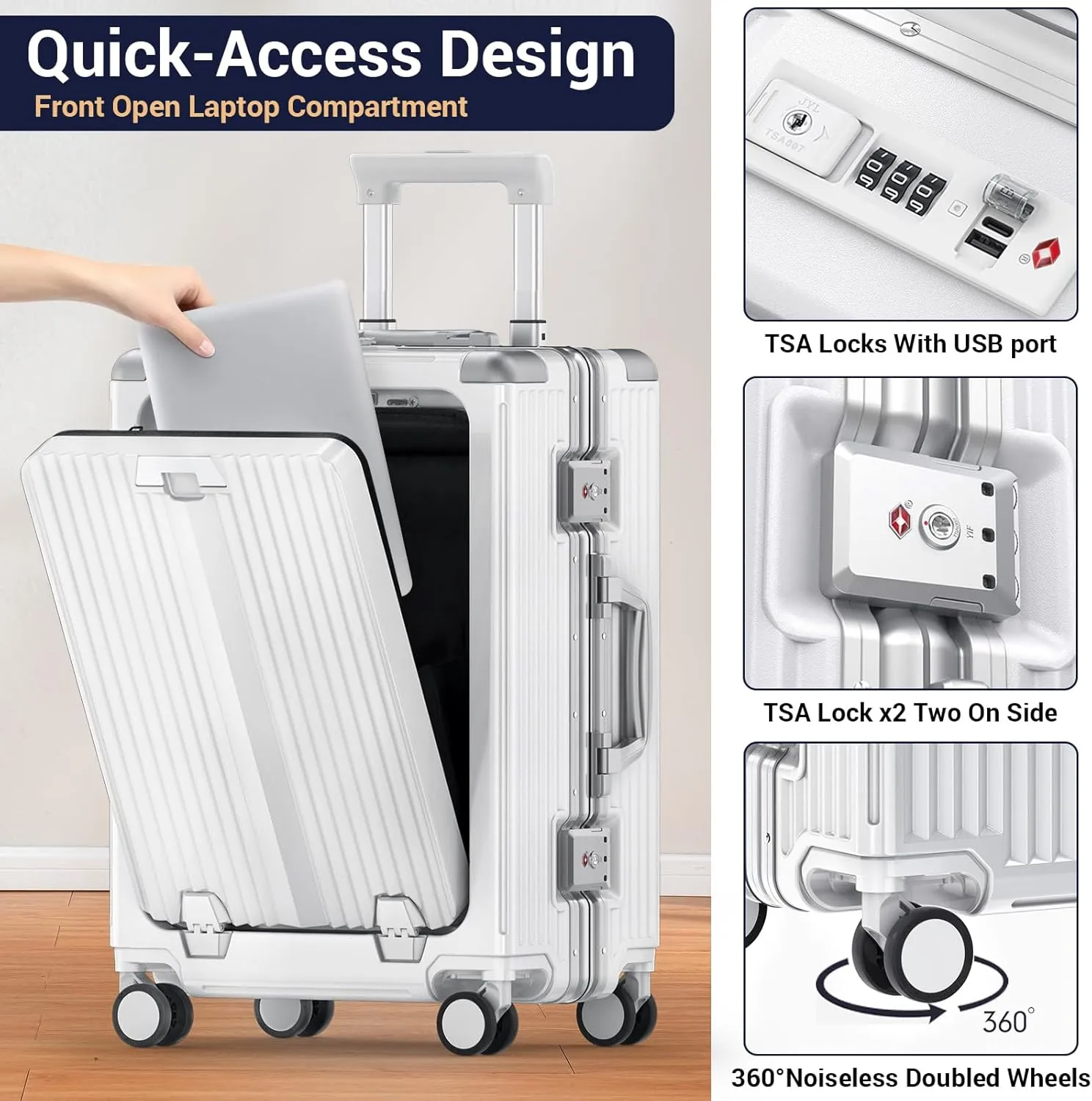Portable Carry-on Luggage 22 inch with Front Open Door & Cup Holder & Top USB Port, TSA Lock & 360°Spinner Wheels Hard Shell Suitcase. (01-WHITE)