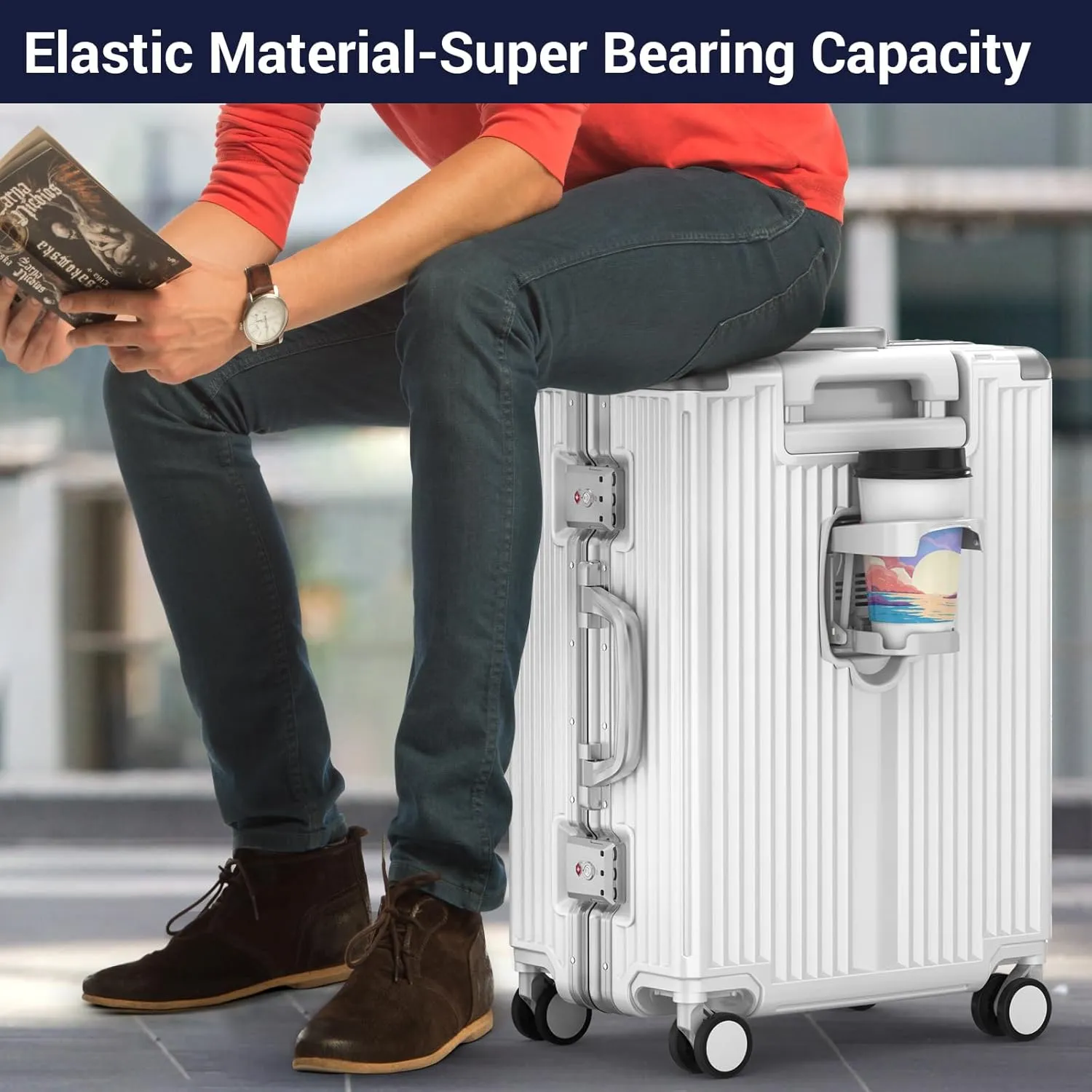 Portable Carry-on Luggage 22 inch with Front Open Door & Cup Holder & Top USB Port, TSA Lock & 360°Spinner Wheels Hard Shell Suitcase. (01-WHITE)