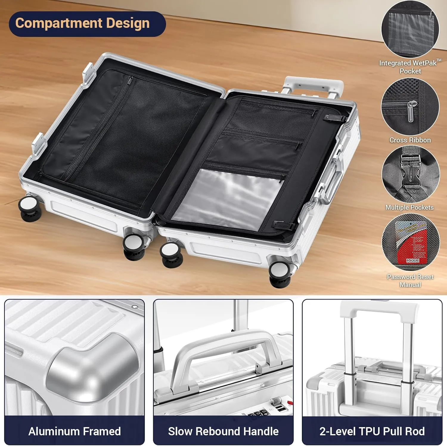 Portable Carry-on Luggage 22 inch with Front Open Door & Cup Holder & Top USB Port, TSA Lock & 360°Spinner Wheels Hard Shell Suitcase. (01-WHITE)