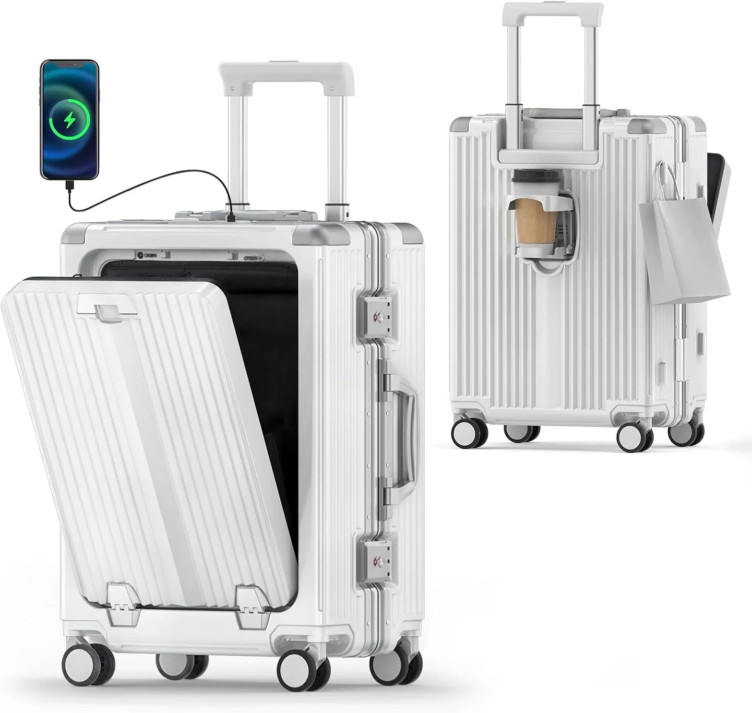 Portable Carry-on Luggage 22 inch with Front Open Door & Cup Holder & Top USB Port, TSA Lock & 360°Spinner Wheels Hard Shell Suitcase. (01-WHITE)