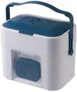 Portable First Aid Kit, 11.37" Medical Storage Box with Upper Compartment & Small Pill Box, Lightweight Plastic Organizer for Home, Office, Travel, and Car(Blue)