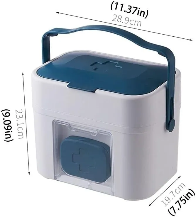 Portable First Aid Kit, 11.37" Medical Storage Box with Upper Compartment & Small Pill Box, Lightweight Plastic Organizer for Home, Office, Travel, and Car(Blue)