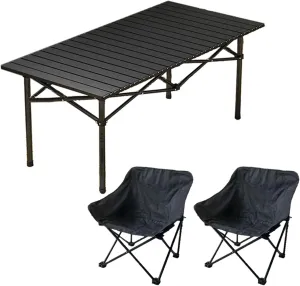 Portable Picnic Table with Seats for More People, Folding Roll up Carbon Steel Camping Compact Table Collapsible Lightweight Lawn Chair for Garden Patio
