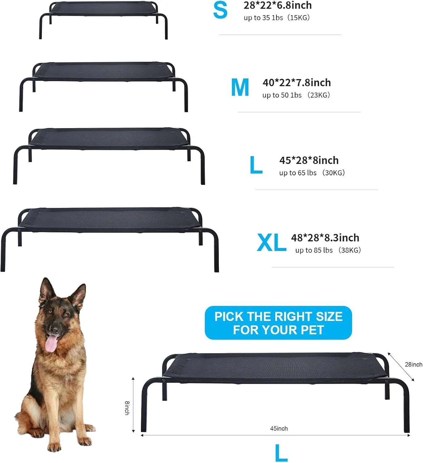 Portable Raised Cooling Steel-Framed Elevated Pet Bed, Elevated Mesh Pet Bed Durable Frame Dog Cot for Outdoor or Indoor Use with Skid-Resistant Feet Black Large (Large)