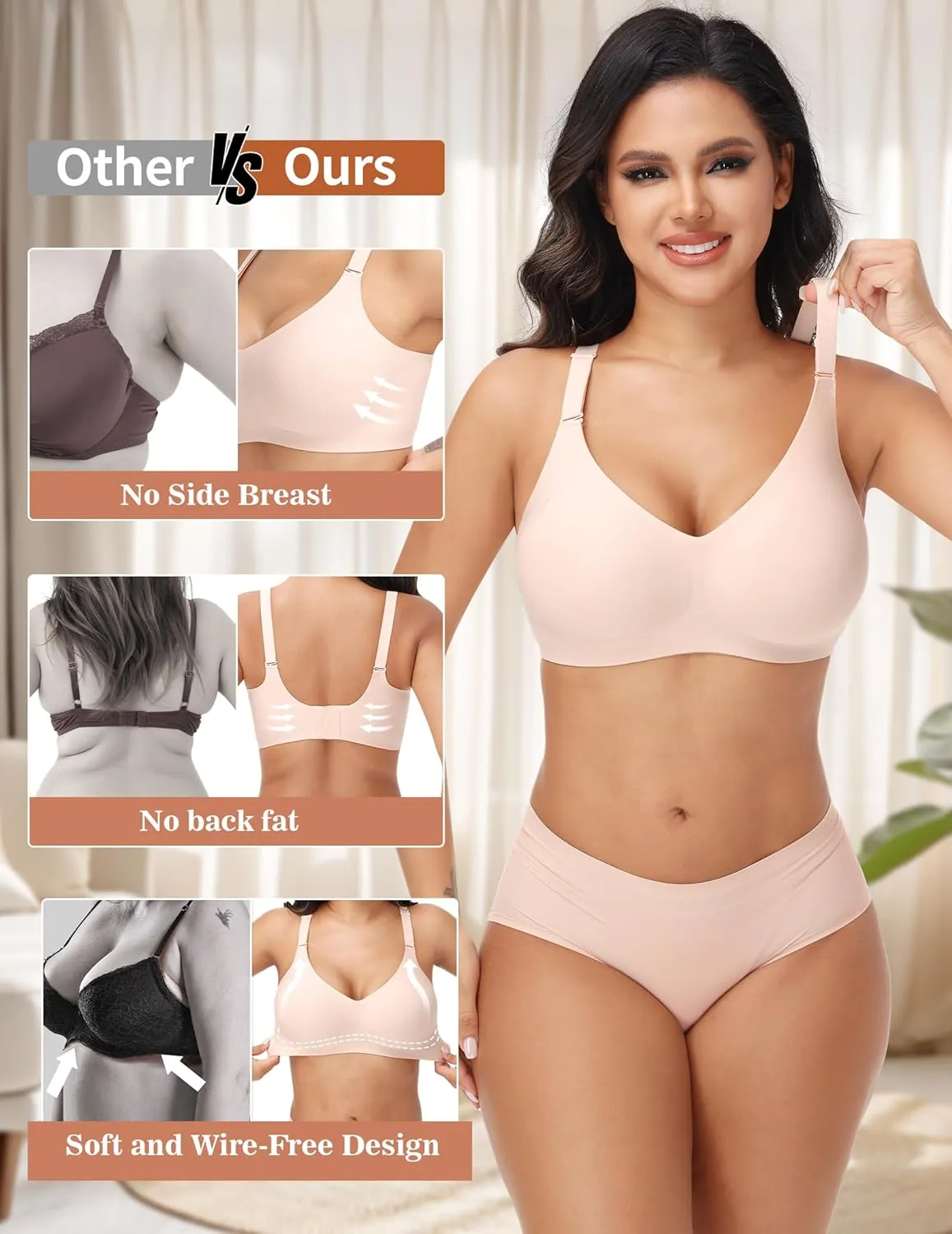 PoseFree Wireless Bras for Women No Underwire Full Coverage Supportive Seamless Back Fat Smoothing Padded Push Up Bra